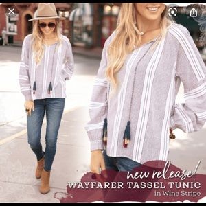 Grace & Lace Wayfarer Tassel Tunic XS boho top striped bubble puff sleeve